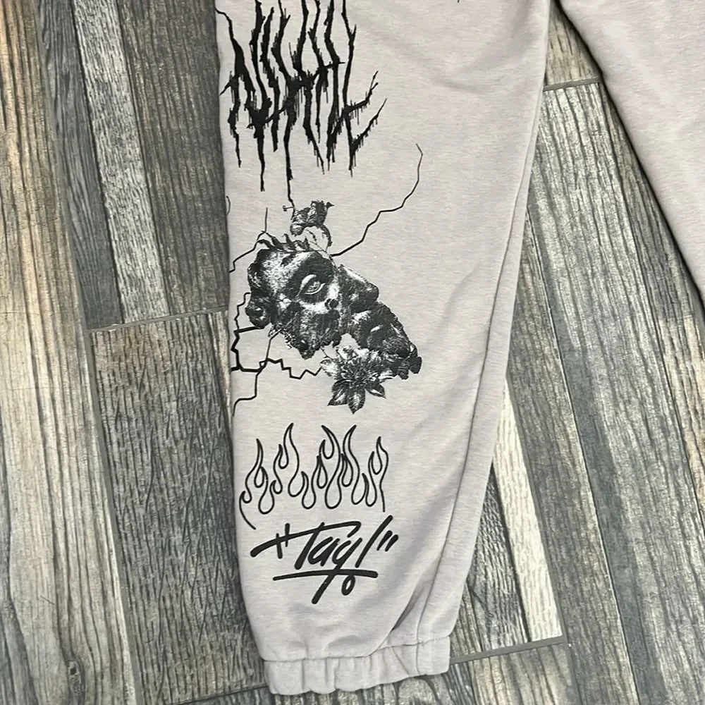🔥🔥 Y2K MACHINIST Streetwear Brand Graphic Gray Sweatpants Men Size Large - EUC